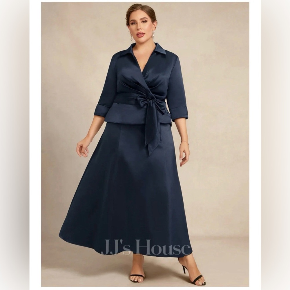 JJs House 2 Piece Mother of the Bride Satin Dress w/Bow Pleated Sz 16W Dark Navy